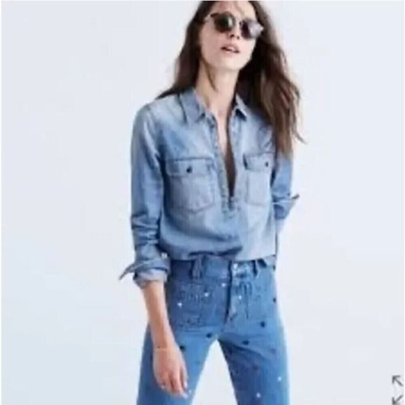 Madewell Zip Front Chambray Blue Denim Popover Long Sleeve Top Size Small - Picture 1 of 14